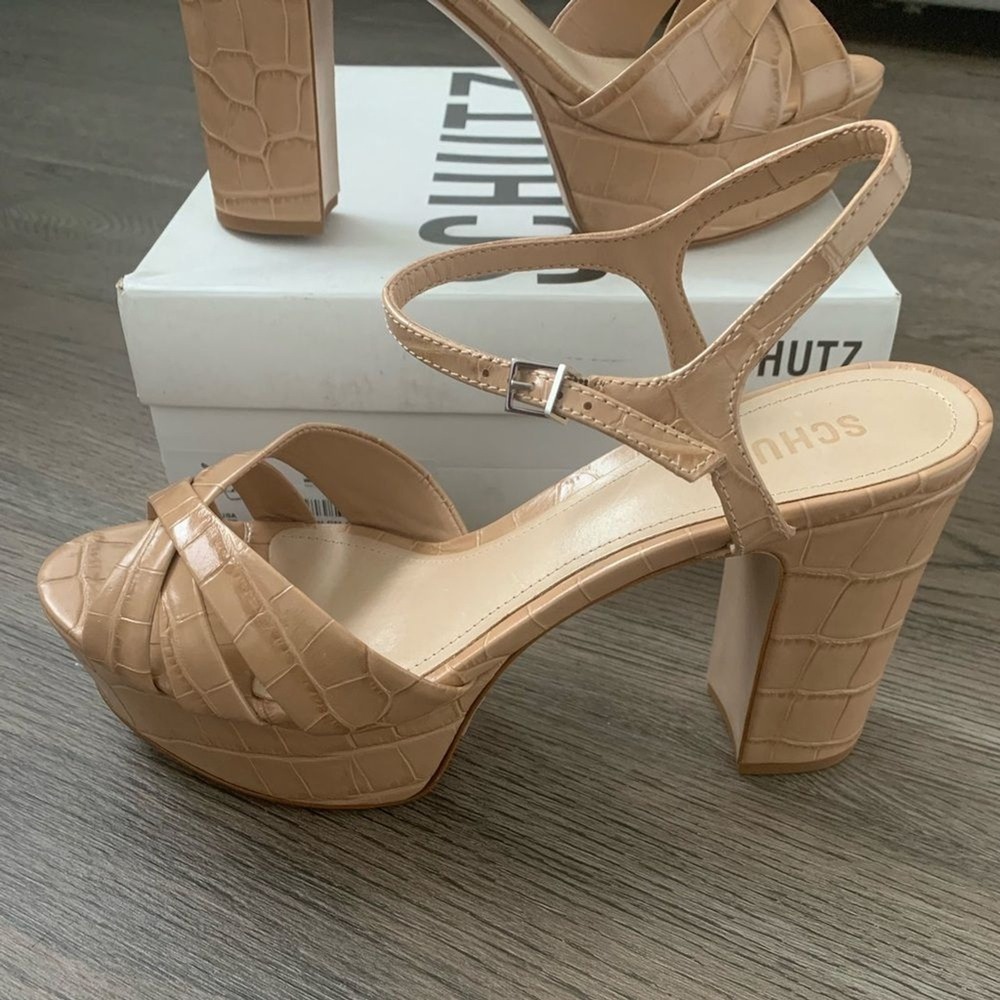 SCHUTZ Keefa Platform Heels Size 10 Nude Beige Croc Embossed Leather Sandals NWB - Picture 8 of 16
